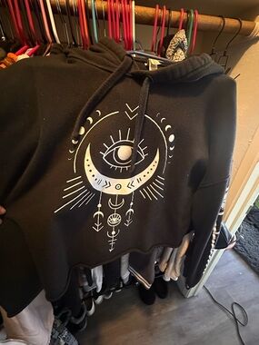 Women's Black V-Neck Sweater with Crescent Moon Graphic